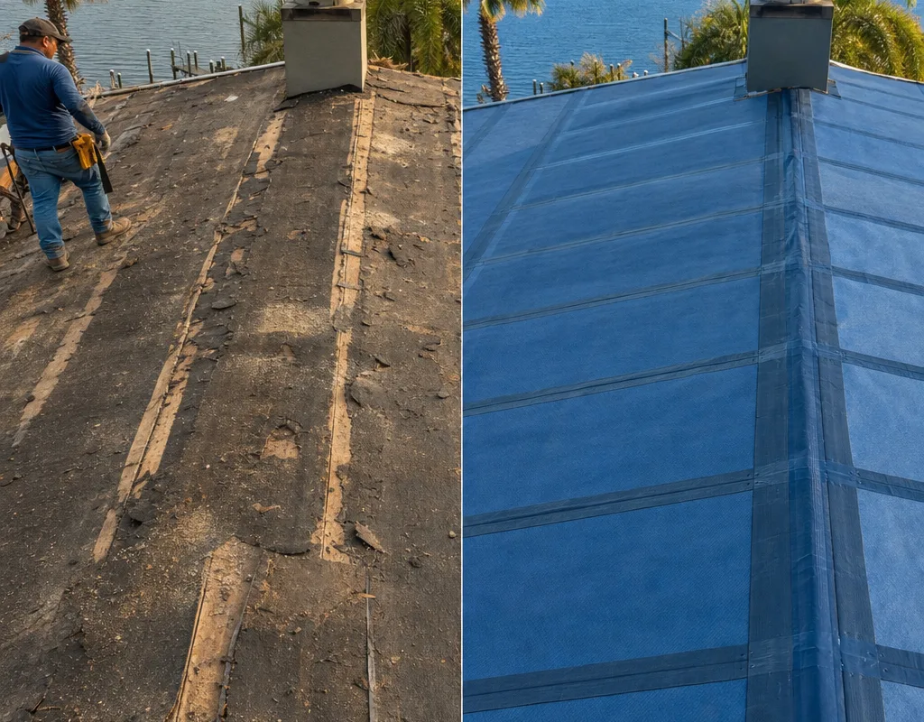 Before and after roof deck showing old felt and exposed seams replaced by a cleanly lapped and sealed secondary water barrier