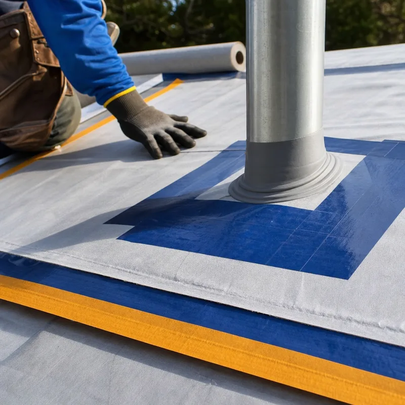 Close-up of secondary water barrier beneath a metal roof with taped seams, lapped courses, and clean vent penetration detailing