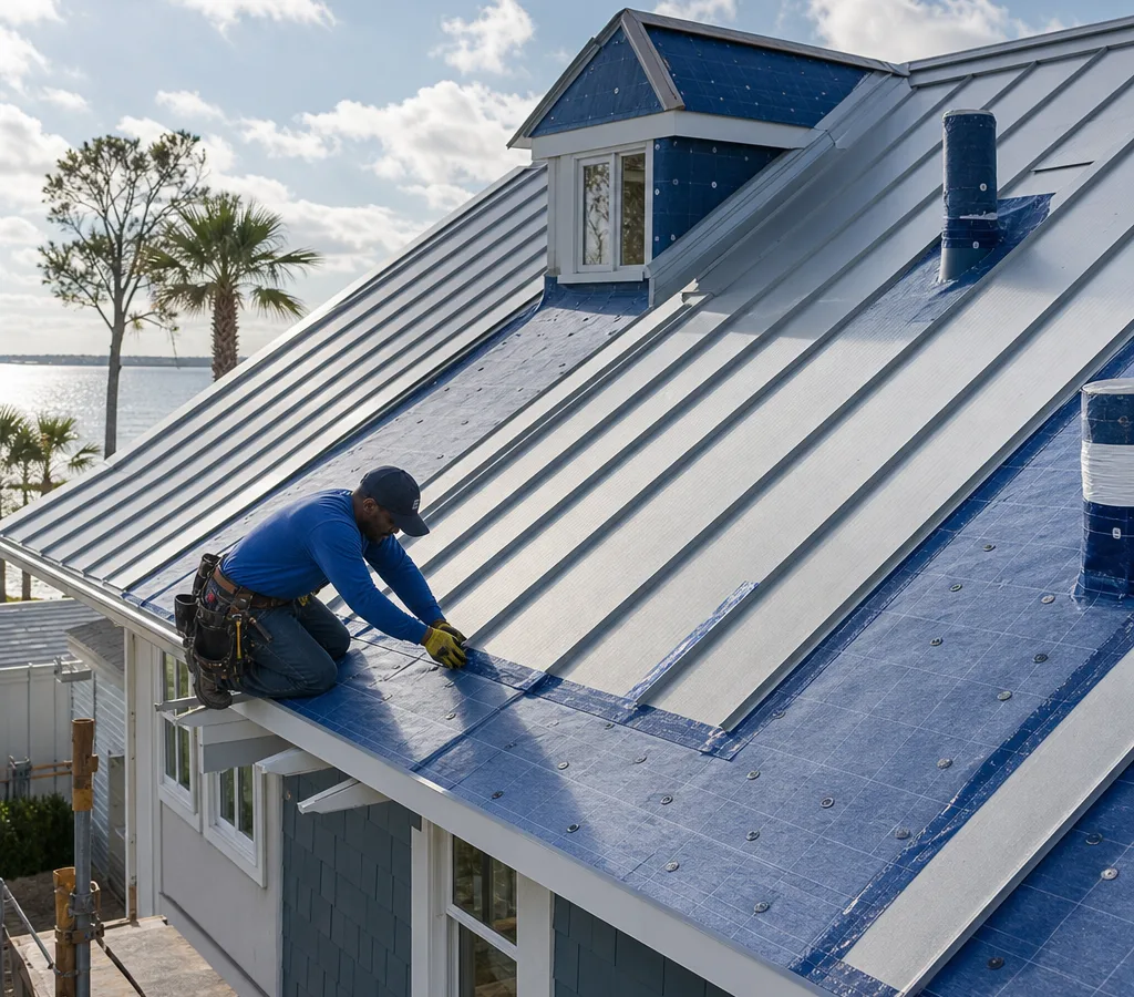 Jacksonville-area metal roof installation showing cleanly lapped and sealed secondary water barrier at the eaves and penetrations