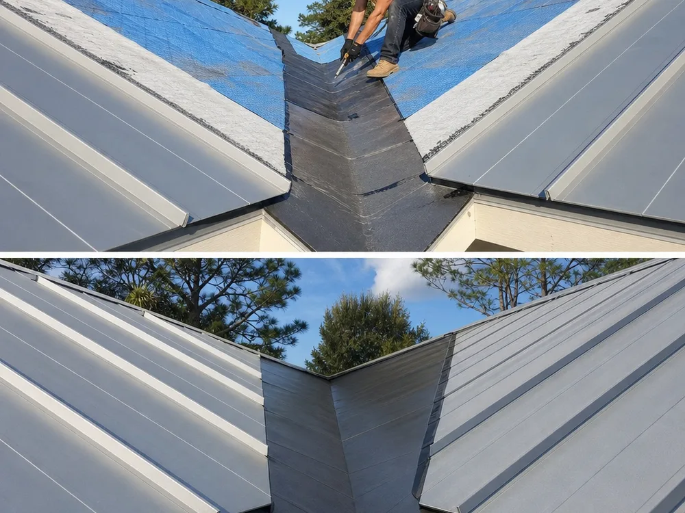 Jacksonville roof valley with self-adhered membrane coverage and correctly lapped underlayment tied into valley metal