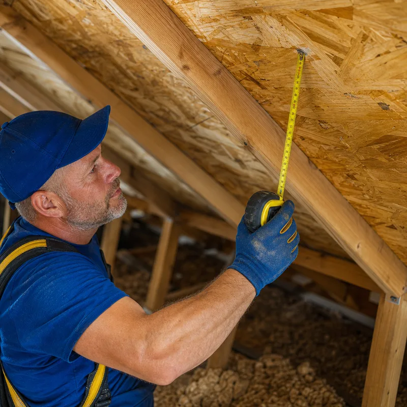 Attic roof deck fastener spacing being measured for a wind mitigation report