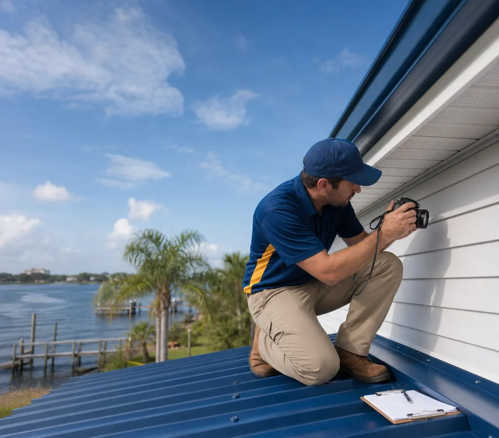 Inspector photographing roof-to-wall connections after a Jacksonville roof replacement