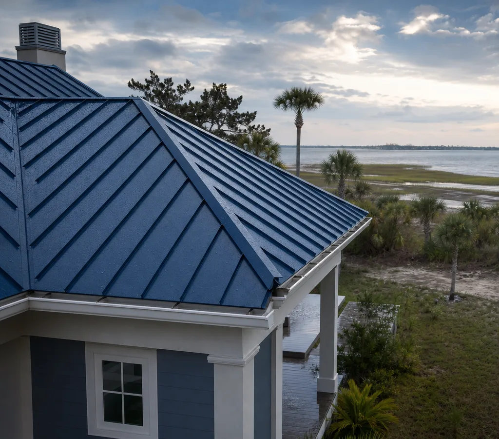 Jacksonville home with a clean standing seam metal roof after a rain shower