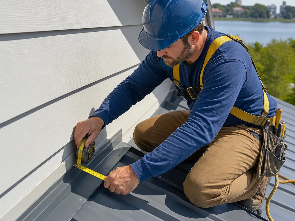 Technician inspecting metal roof edge details and sidewall flashing in Jacksonville