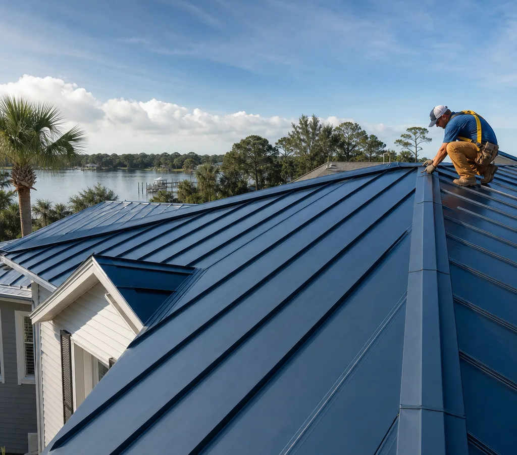 Jacksonville home with a newly installed standing seam metal roof showing ridge cap and flashing details