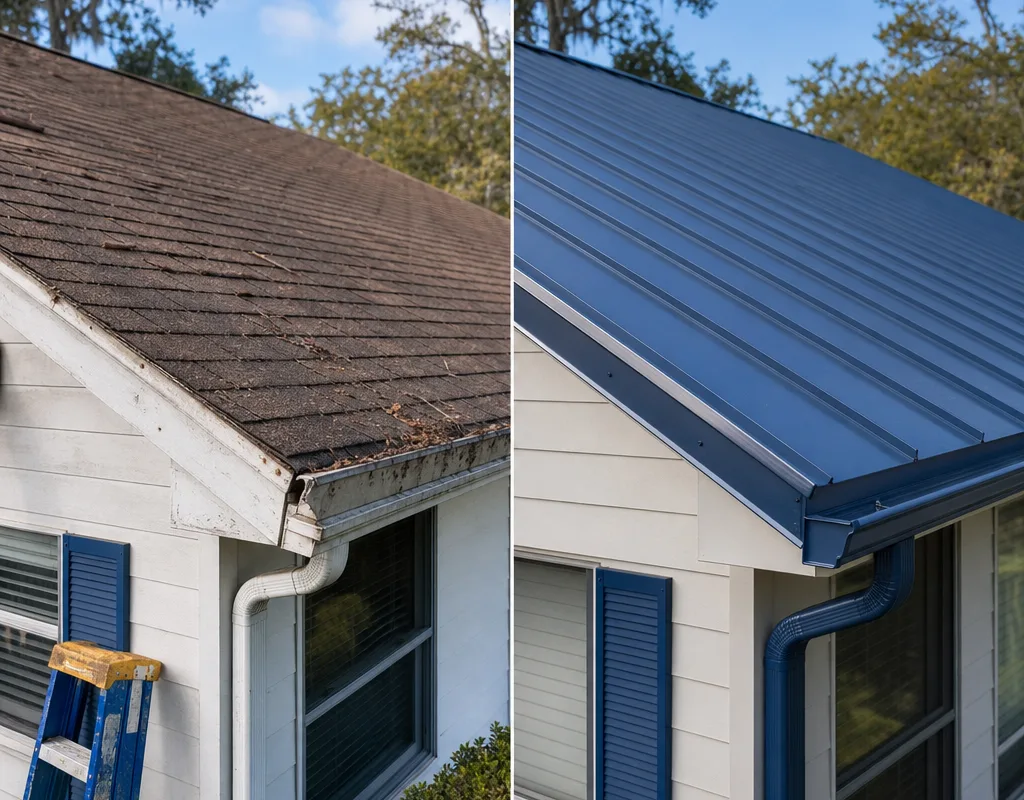 Before and after comparison of an asphalt shingle roof replaced with a metal roofing system