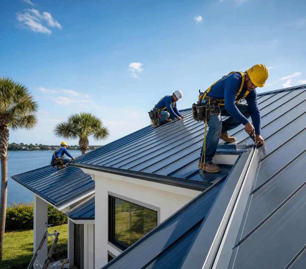 Residential metal roof installation in Jacksonville with standing seam panels, trim work, and a crew working safely