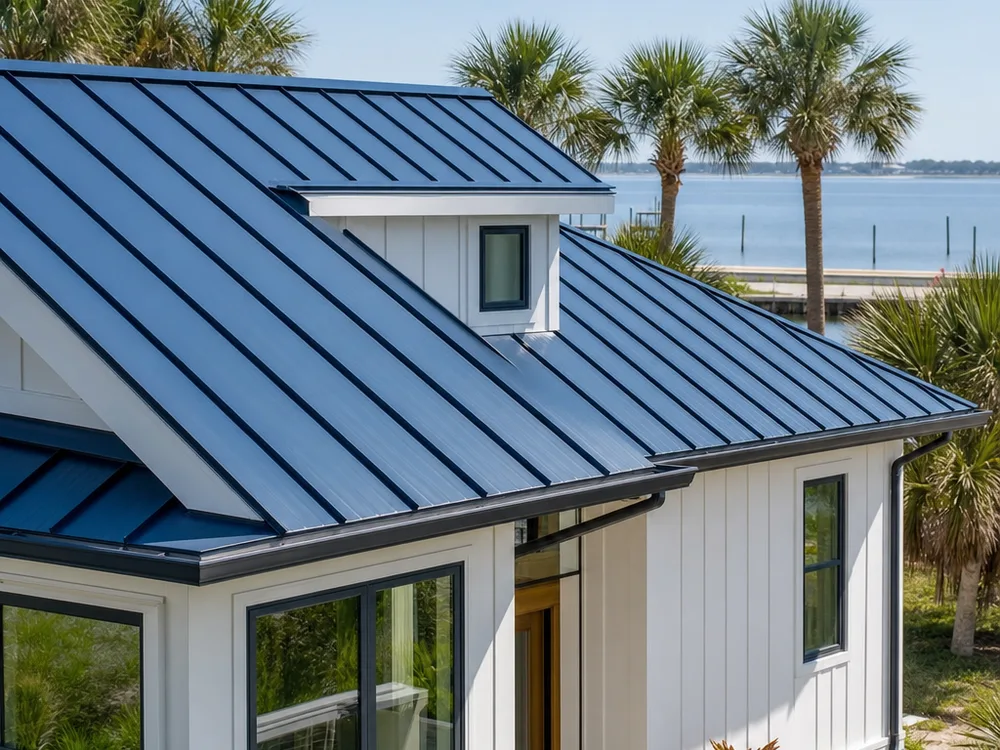 Finished standing seam metal roof on a Jacksonville home with straight panel lines and clean ridge, eave, and rake trim