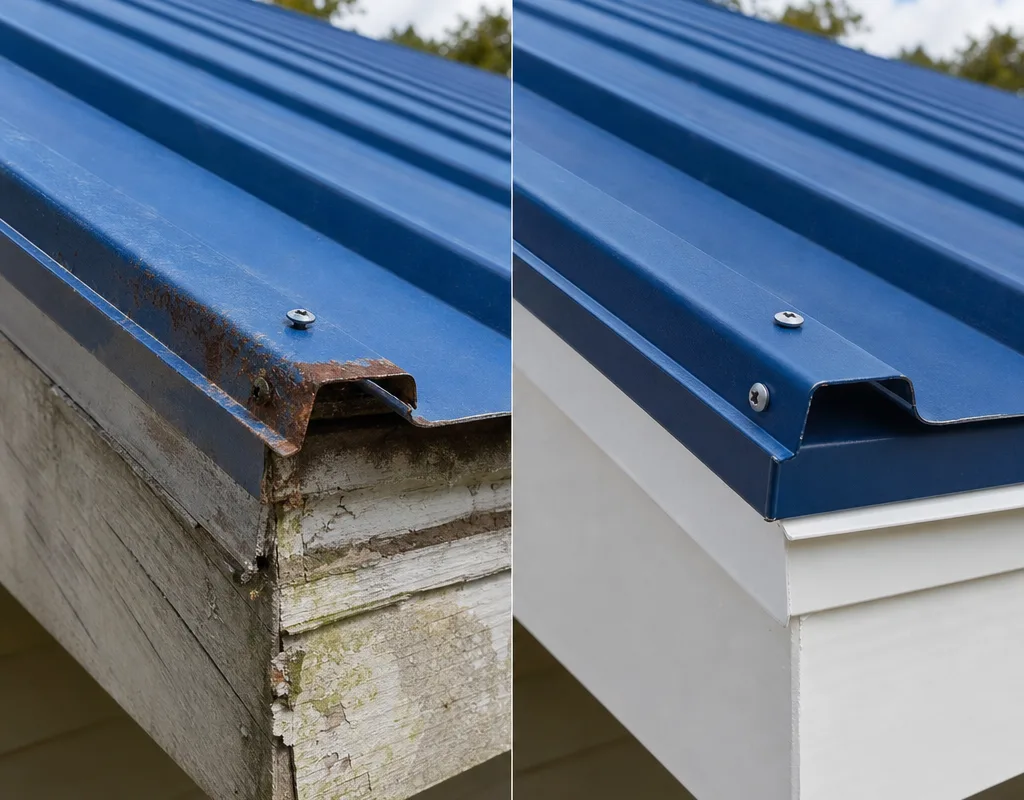 Before and after of corrosion at a metal roof edge with corrected trim attachment and a sealed edge detail