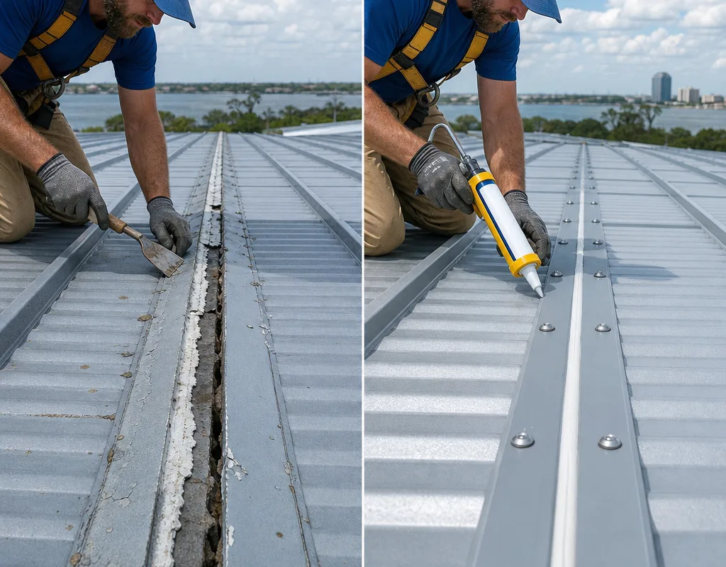 Before and after of a separated metal roof end-lap seam repaired with reinforced sealing and a tidy fastener line