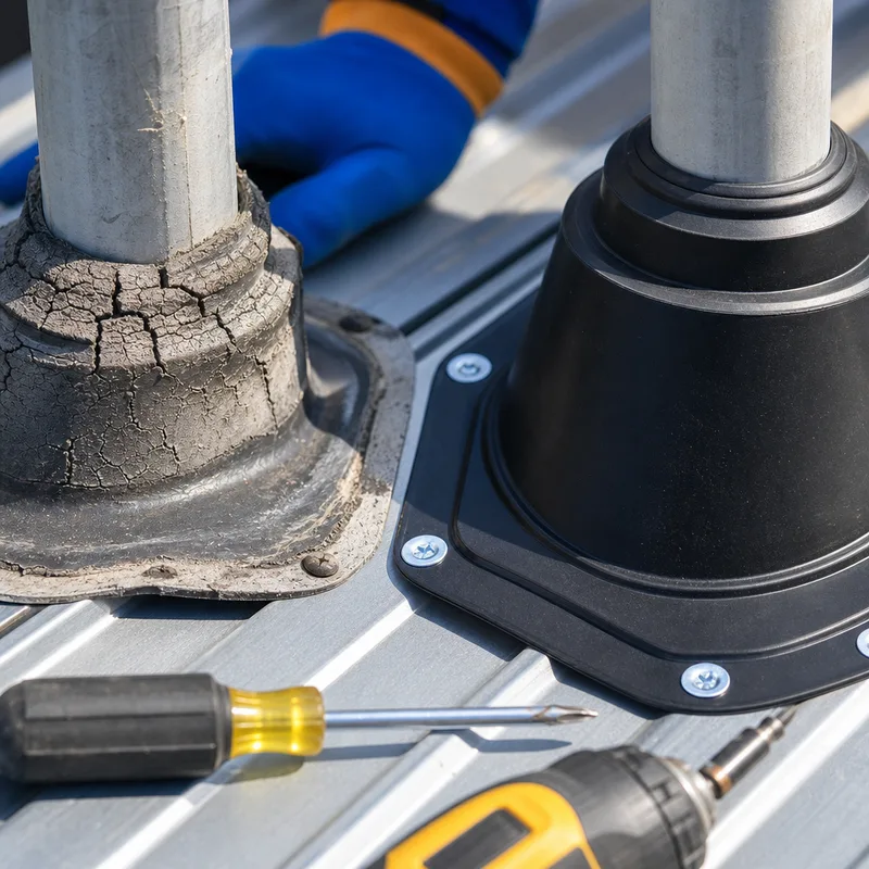 Cracked sealant and aged pipe boot beside a replacement boot and properly seated metal roof fasteners