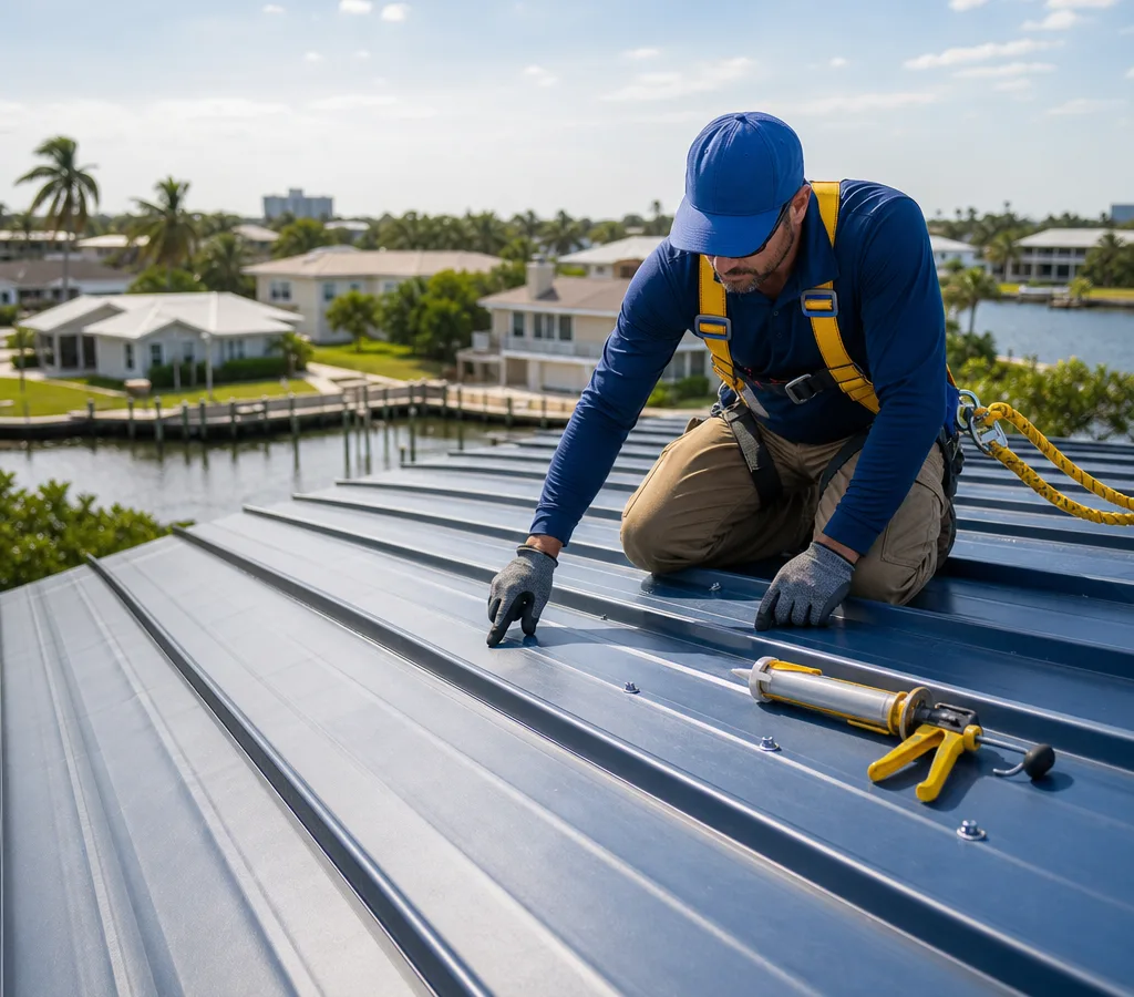 Technician using fall protection while inspecting a leaking metal roof panel seam and fasteners in Jacksonville