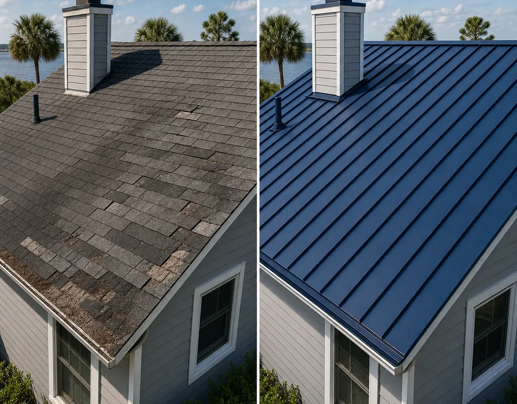 Before and after view of a shingle roof replaced with metal roofing and updated flashing and venting