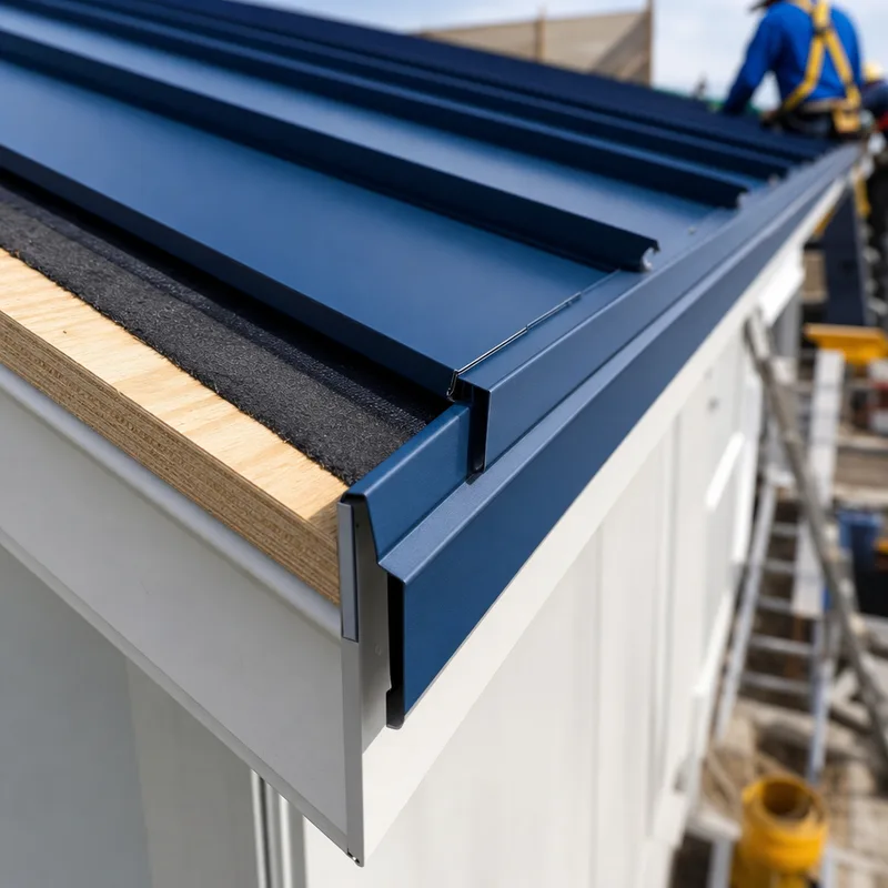 Standing seam metal roof eave detail with drip edge, underlayment, concealed fasteners, and finished trim