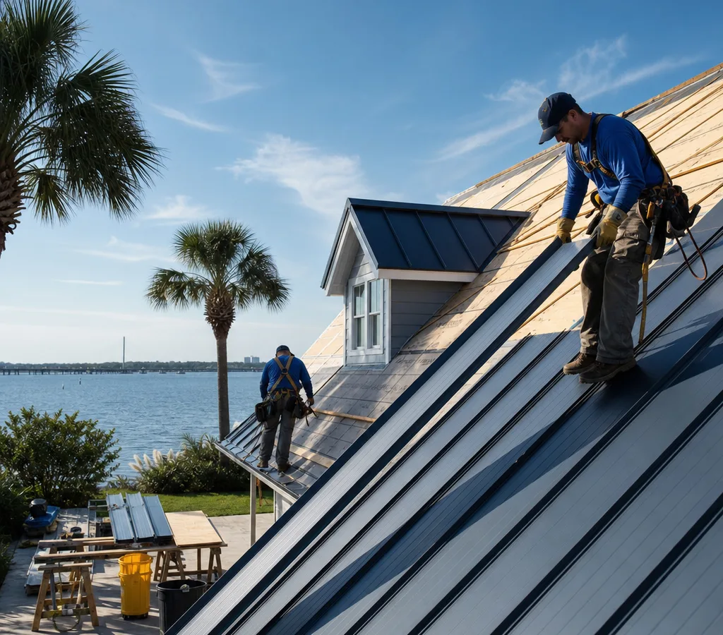 Jacksonville crew installing standing seam metal roof panels with visible underlayment and clean ground staging