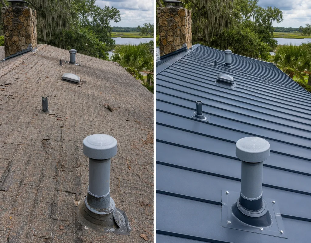 Before-and-after view of an older shingle roof replaced by metal roofing with new flashing at penetrations