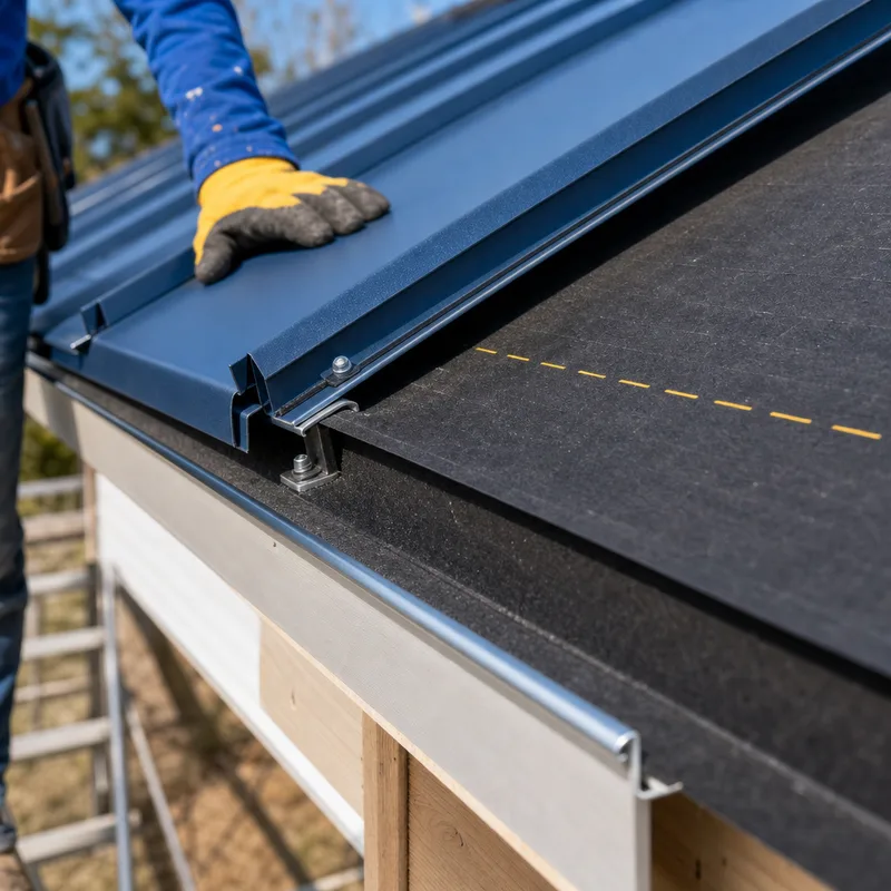 Close-up of standing seam roof underlayment, drip edge, panel clips, fasteners, and a clean folded eave hem