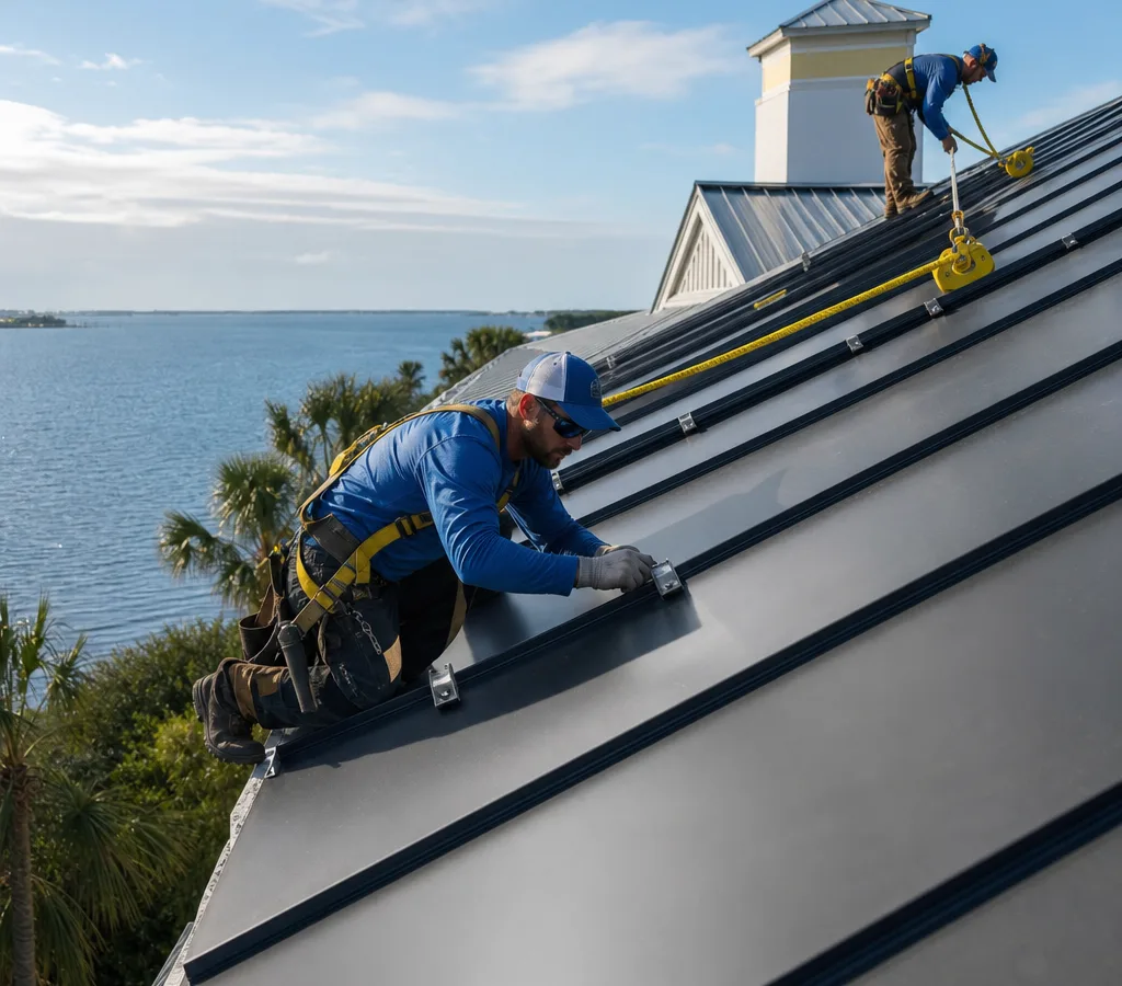 Roofing crew installing standing seam metal panels on a Jacksonville-area home with fall protection and an organized jobsite