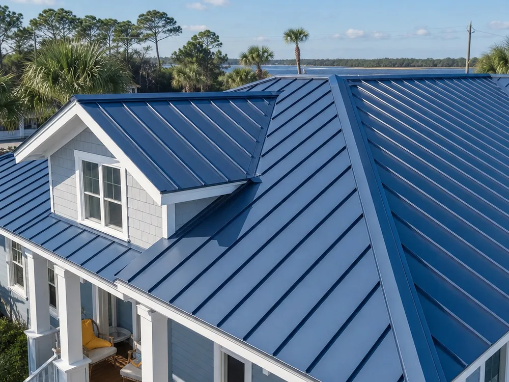 Finished standing seam metal roof on a Jacksonville home with straight panels, clean ridge cap, and finished rake trim