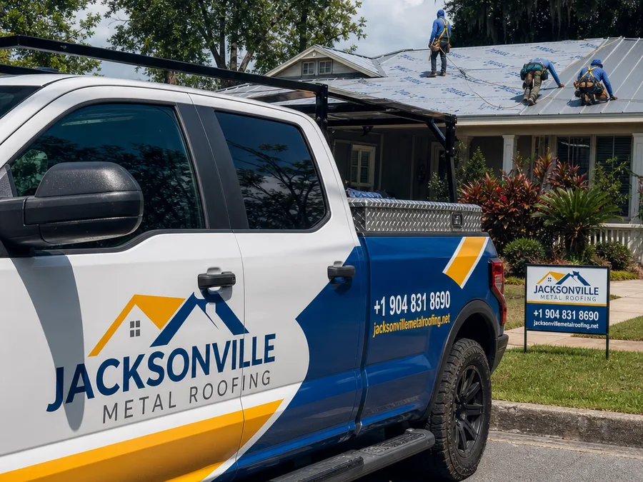 Roofing crew measuring metal panels and laying underlayment with safety equipment visible