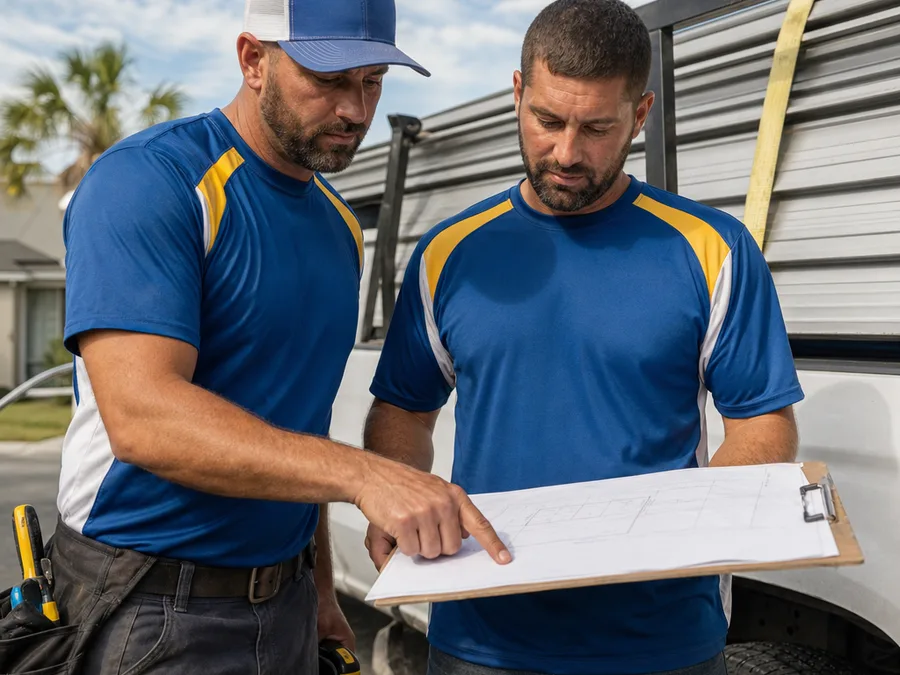 Jacksonville Metal Roofing team reviewing a roof plan beside a work truck loaded with metal panels
